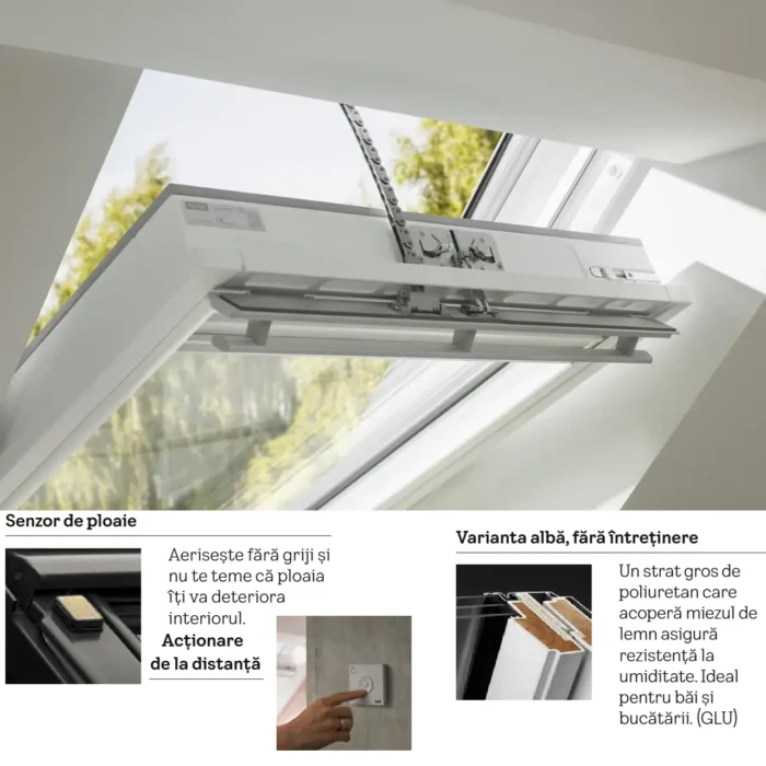 Fereastră de mansardă Velux GLU 006121/30 cu acționare electrică sau solară, finisaj alb din poliuretan
