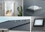 Colaj cu tuneluri solare VELUX montate pe acoperiș și în interiorul locuinței, cu lumină naturală difuză în holuri și baie.