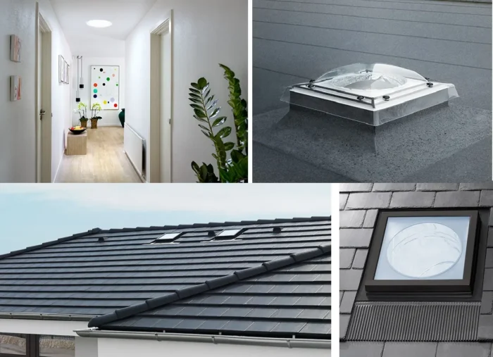 Colaj cu tuneluri solare VELUX montate pe acoperiș și în interiorul locuinței, cu lumină naturală difuză în holuri și baie.