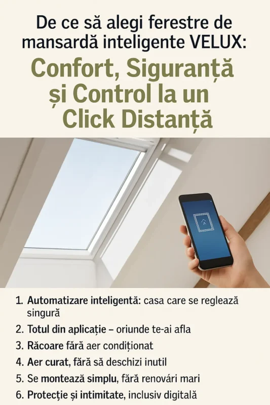 Simulare vizuală a controlului inteligent al unei ferestre de mansardă VELUX prin aplicație mobilă