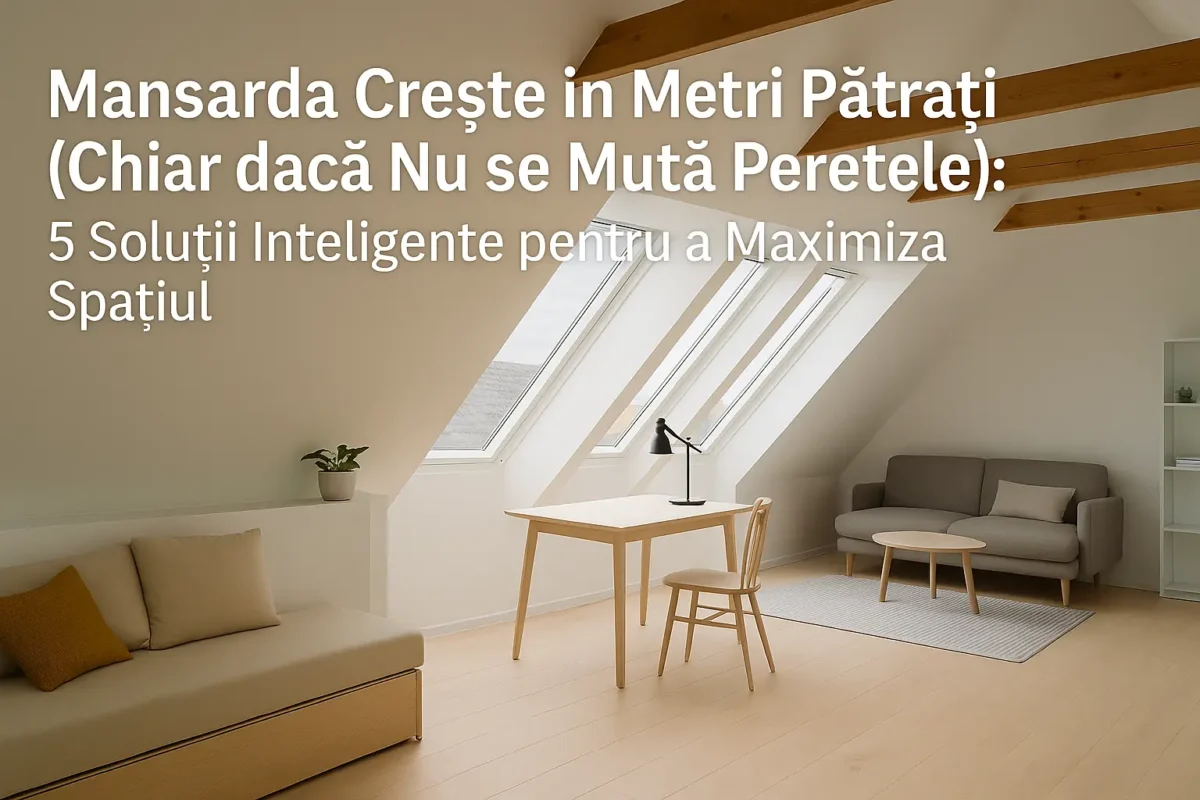Interior de mansardă amenajată modern, cu ferestre VELUX și mobilier minimalist din lemn deschis.