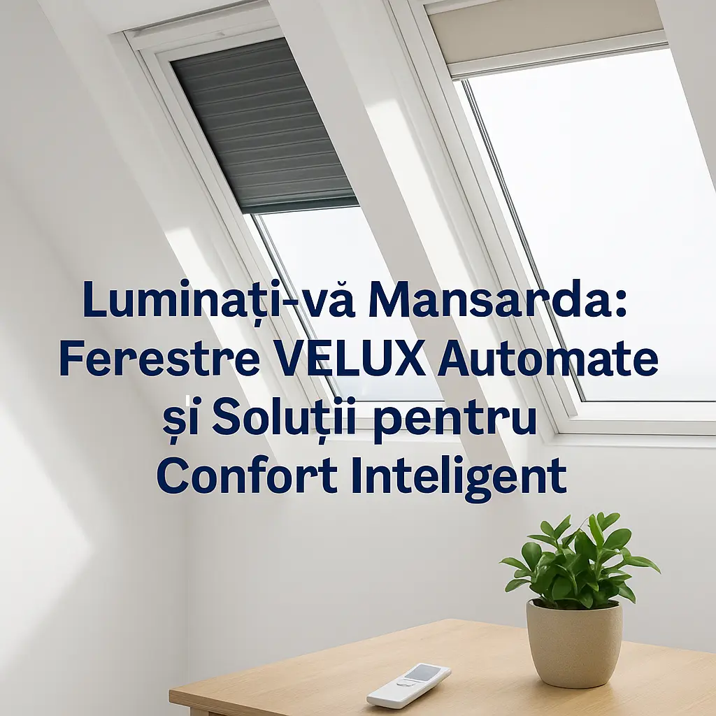 Două ferestre de mansardă VELUX automatizate, cu rulouri interioare și roletă exterioară solară parțial coborâtă, într-o cameră luminoasă, cu telecomandă pe masă