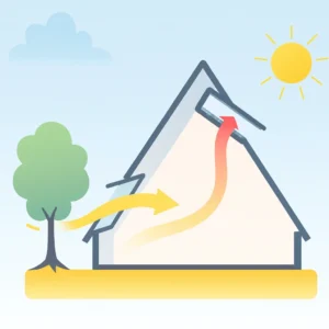 Diagramă ventilare naturală în casă A-frame cu ferestre de mansardă VELUX deschise pe nord și sud 