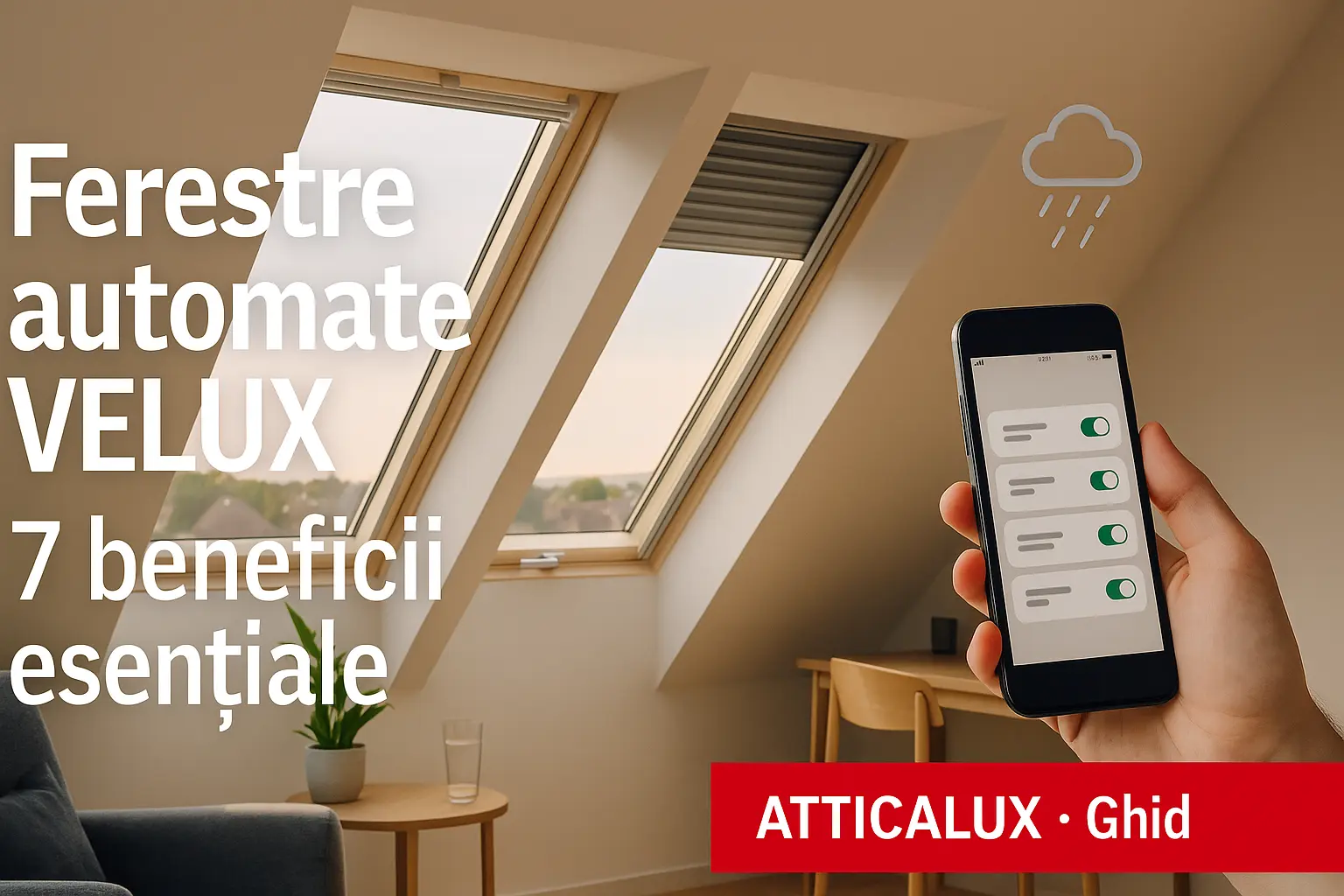 Mansardă luminoasă cu ferestre automate VELUX, roletă exterioară și control din aplicație pe telefon